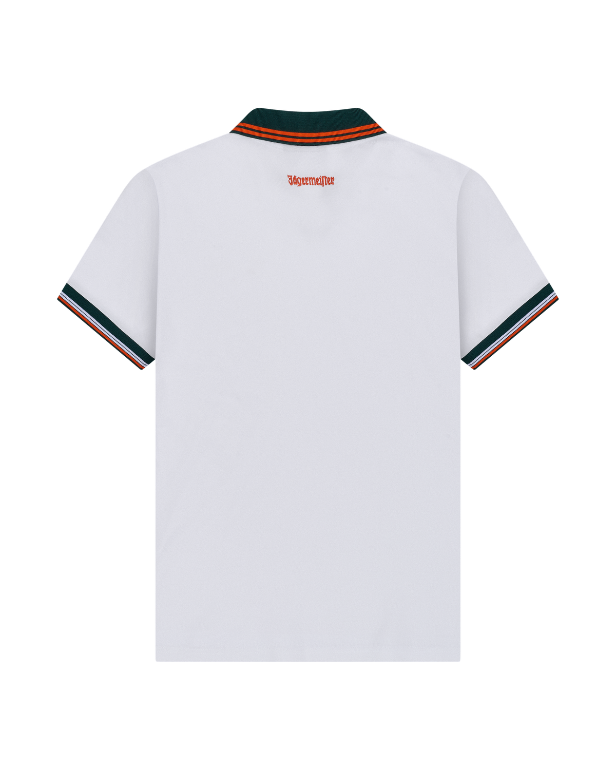 Polo bianca Jägermeister vista da dietro con rifiniture verdi e arancioni.
