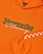 Felpa arancione con logo Jägermeister Racing bianco e verde.