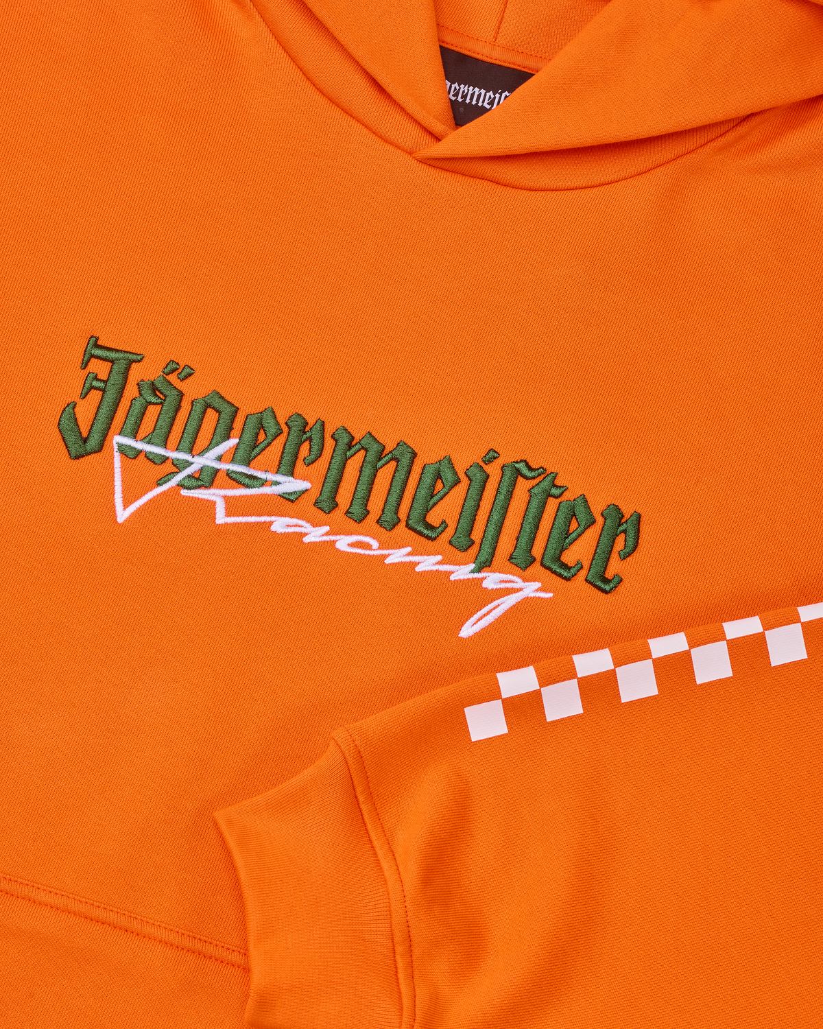 Felpa arancione con logo Jägermeister Racing bianco e verde.