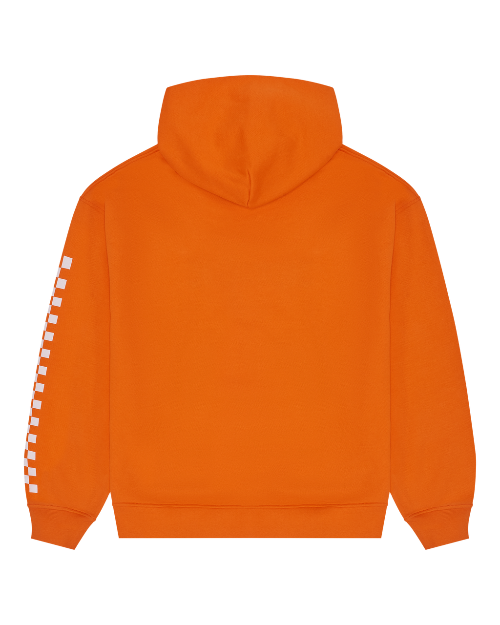 Felpa arancione Jägermeister Racing con design a quadri bianchi sulle maniche.