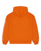 Felpa arancione Jägermeister Racing con design a quadri bianchi sulle maniche.