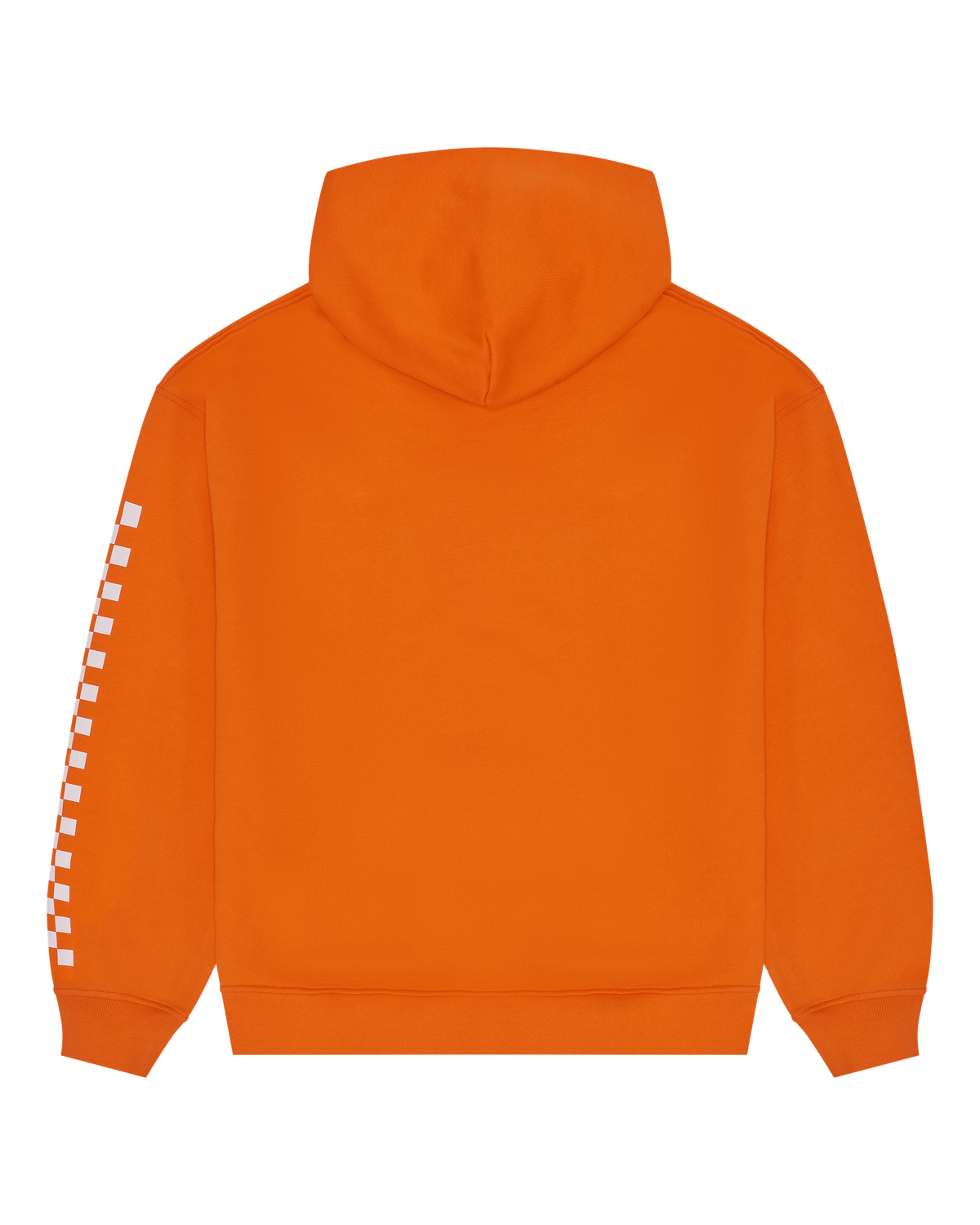 Felpa arancione Jägermeister Racing con design a quadri bianchi sulle maniche.
