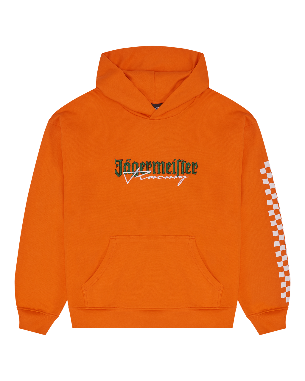 Felpa arancione Jägermeister Racing vista davanti.