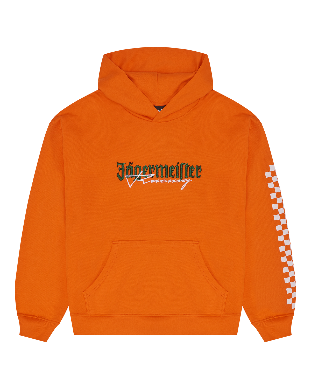 Felpa arancione Jägermeister Racing vista davanti.