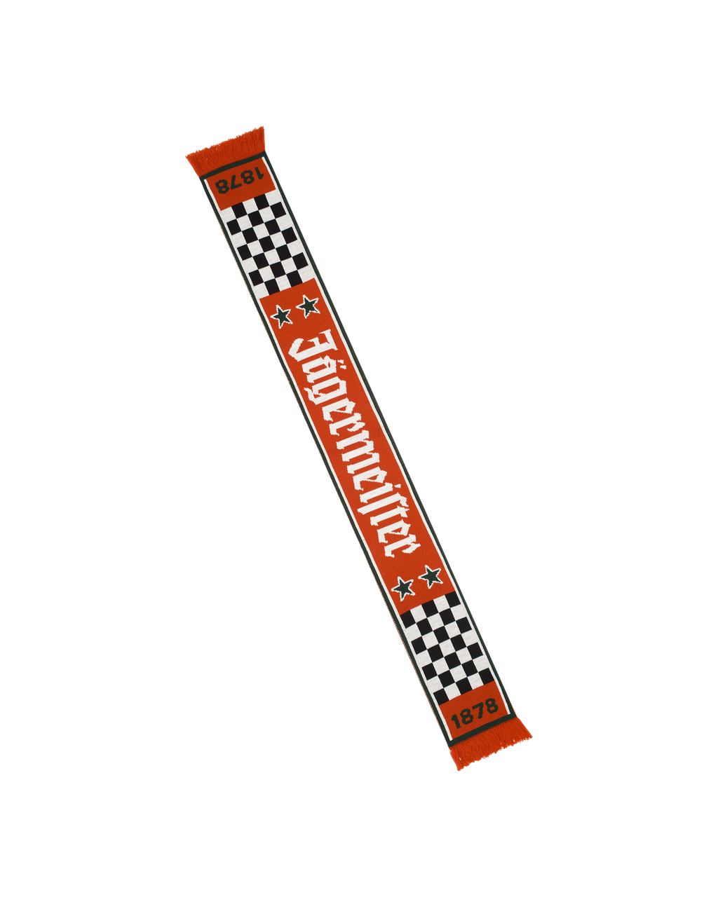 Sciarpa Jägermeister Racing con motivo a quadri e testo, è visibile il lato arancione.