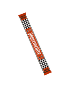 Sciarpa Jägermeister Racing con motivo a quadri e testo, è visibile il lato arancione.