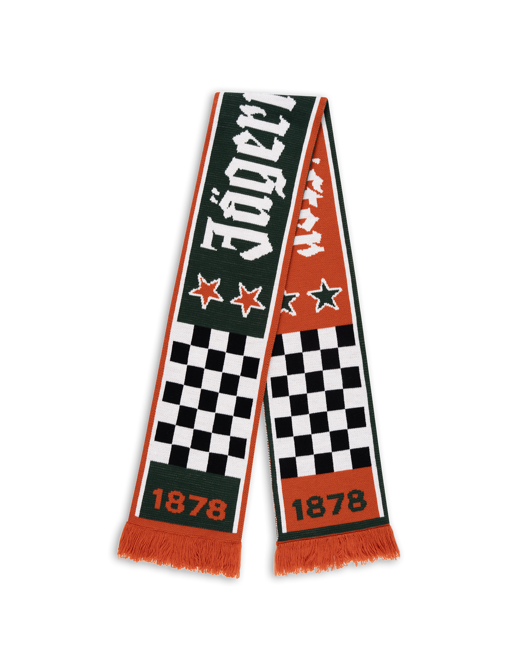 Sciarpa Jägermeister Racing con motivo a quadri e stelle, con il logo Jägermeister e l’anno di fondazione dell’azienda, 1878.