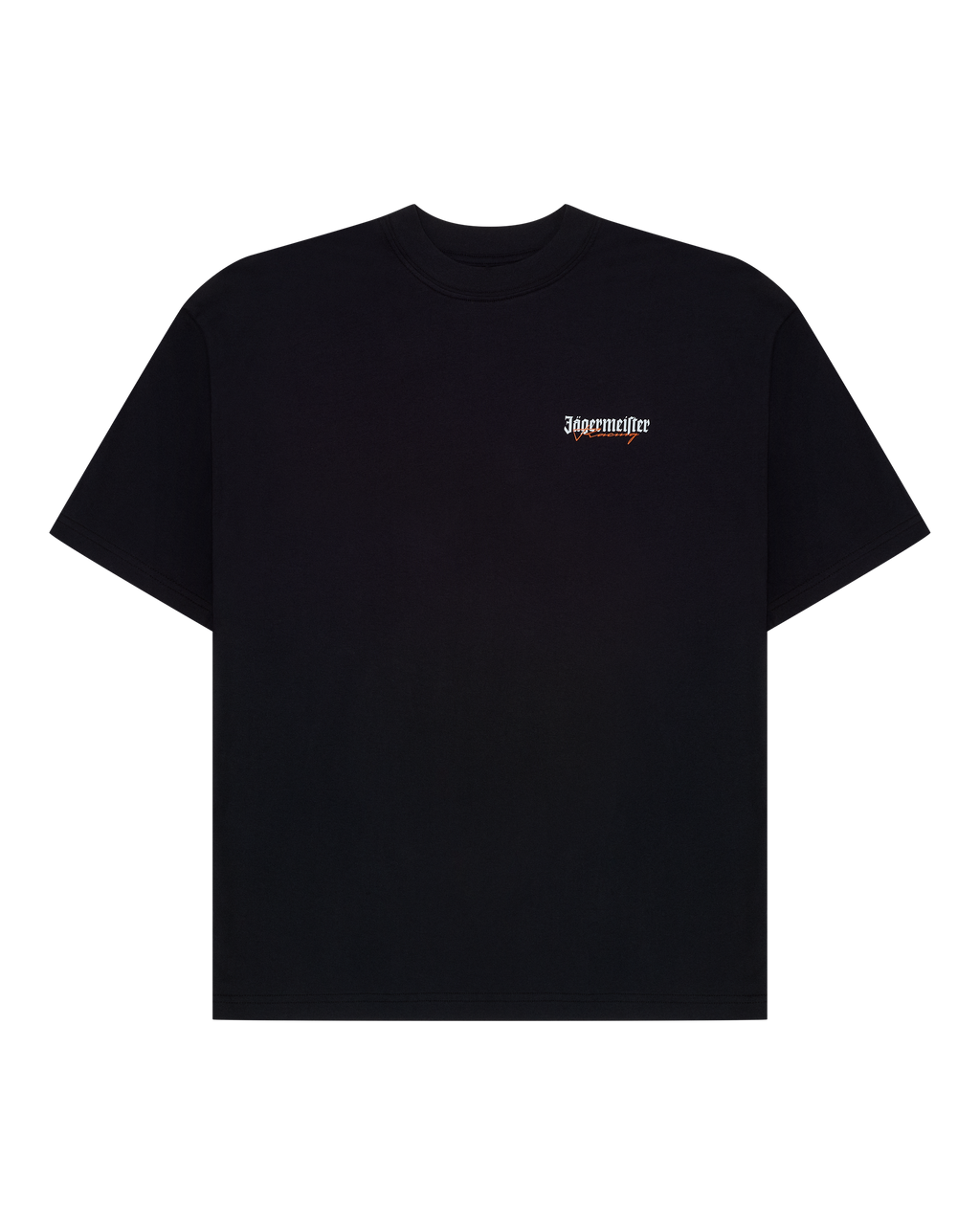 T-shirt nera da corsa Jägermeister con piccolo logo Jägermeister racing sul petto.