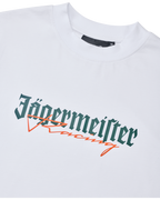 T-shirt bianca Jägermeister Racing con logo verde e arancione.