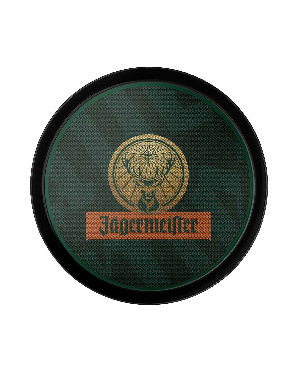 Green Jägermeister serving tray with Jägermeister logo in the middle 