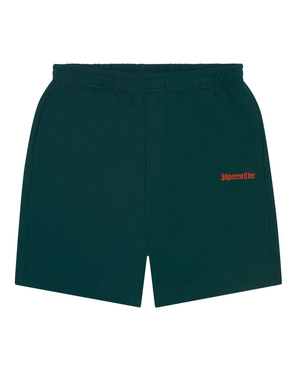 Pantaloncini verdi Jägermeister con branding arancione.