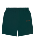 Pantaloncini verdi Jägermeister con branding arancione.