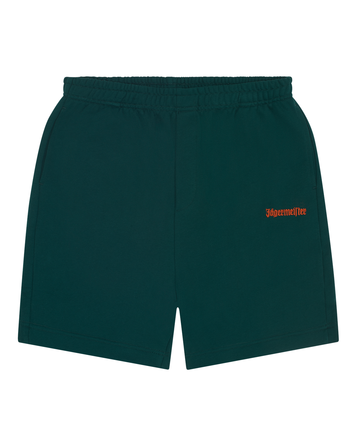 Pantaloncini verdi Jägermeister con branding arancione.