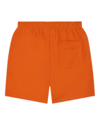 Pantaloncini arancioni Jägermeister con una tasca. Nessun marchio visibile.