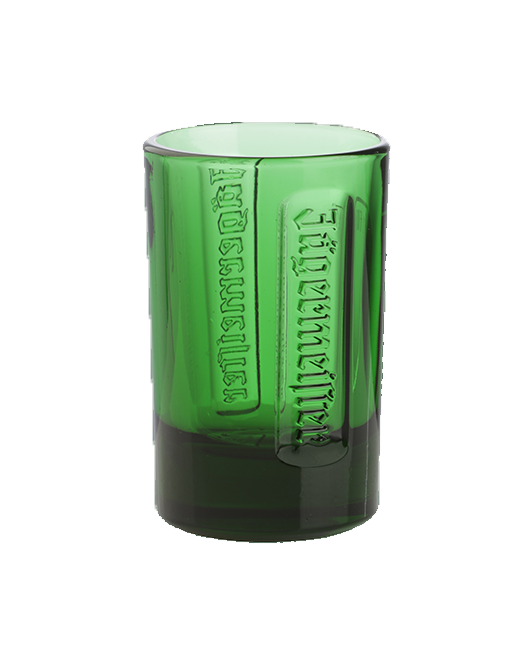 shot glass verde con scritta Jägermeister in rilievo 