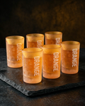 Set di sei bicchieri Jägermeister arancioni con testo 'ORANGE'