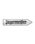 Insegna direzionale argentata Jägermeister con scritta Jägermeister nera
