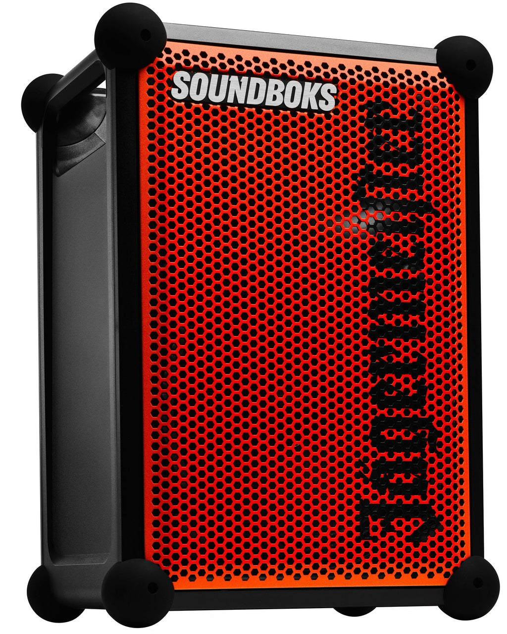Speaker portatile Soundboks arancione e nero con branding 'Jägermeister'
