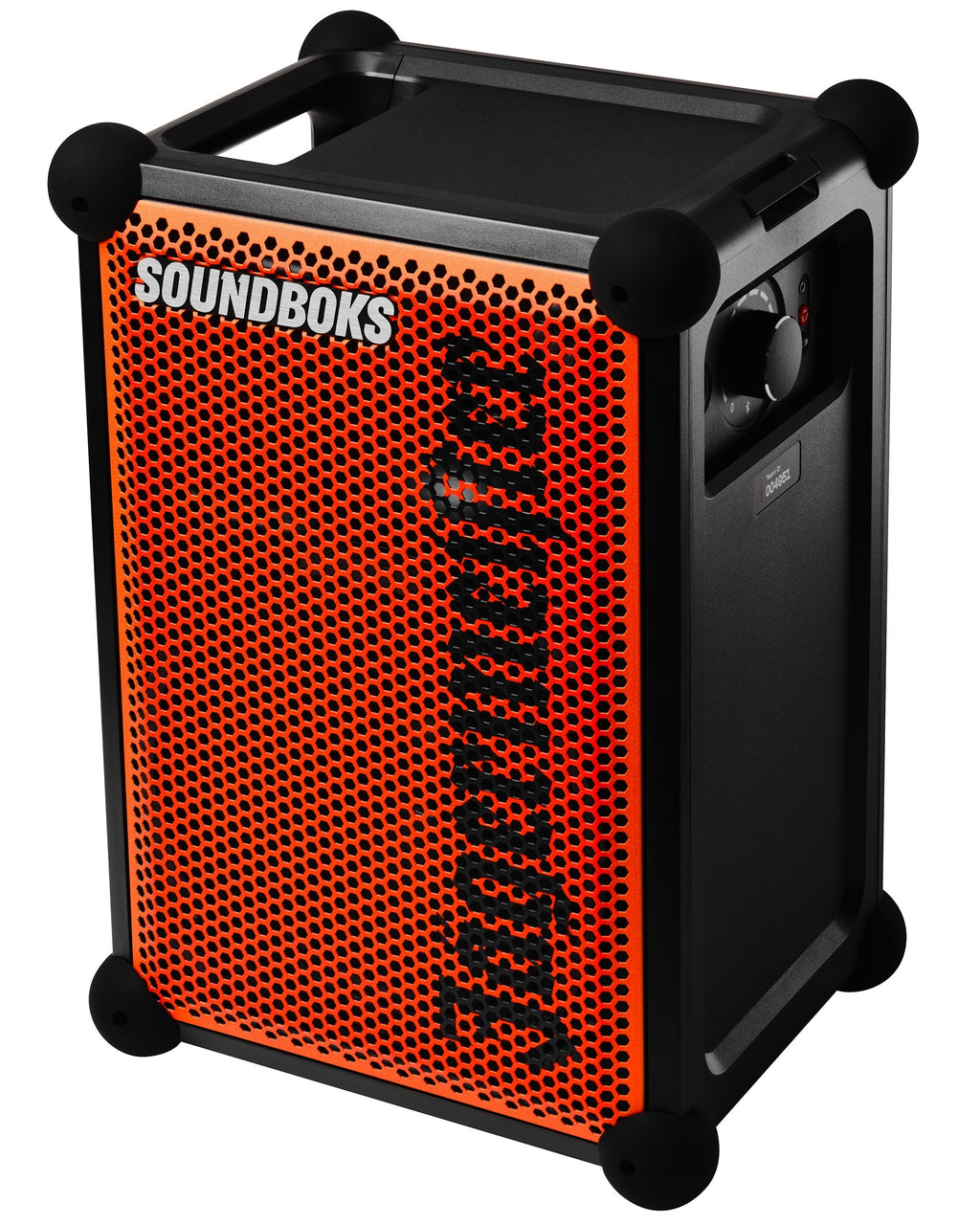 Speaker portatile Soundboks arancione e nero con branding 'Jägermeister'