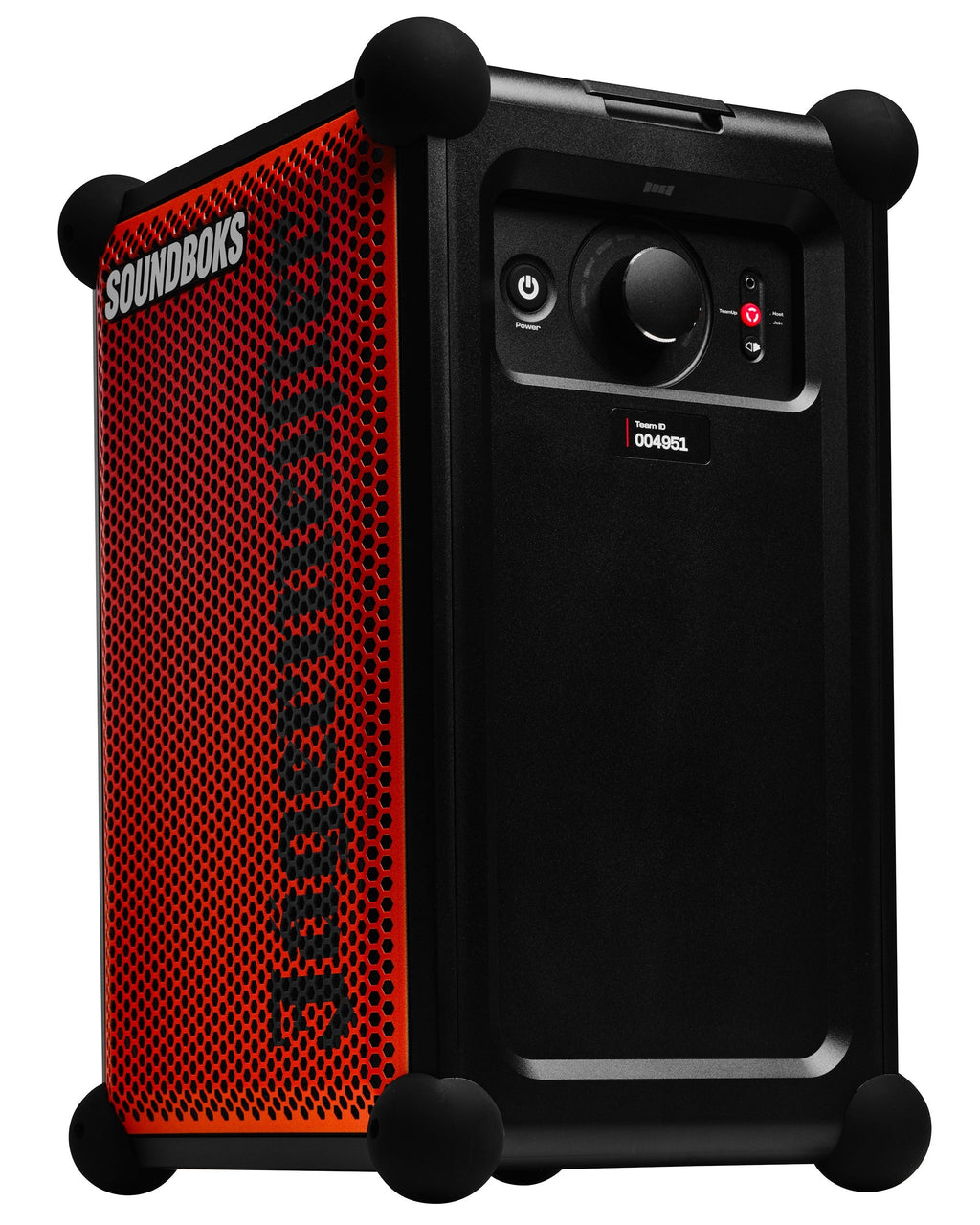 Speaker portatile Soundboks arancione e nero con branding 'Jägermeister'