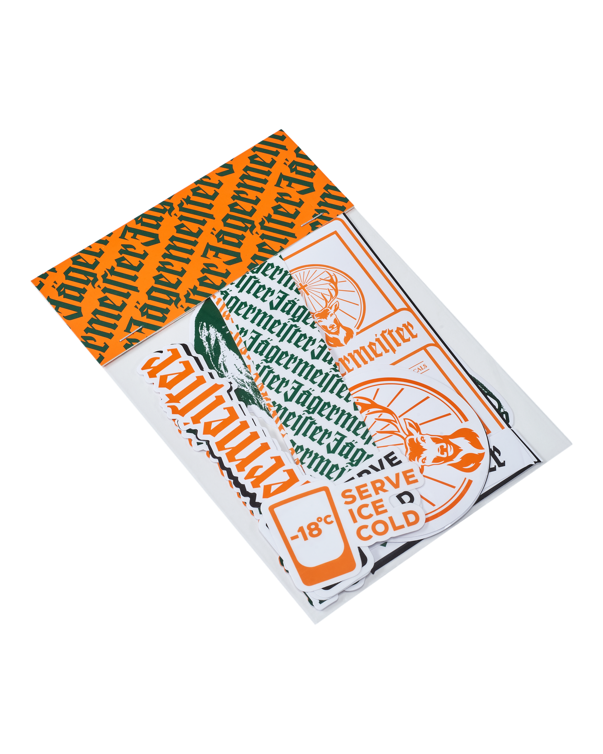 Jagermeister branded sticker pack on a white background