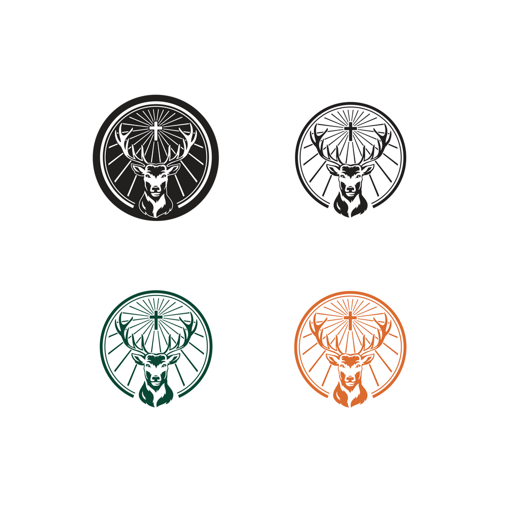 Quattro loghi Jägermeister in bianco, nero, verde e arancione con teste di cervo in cornici circolari su sfondo bianco.