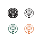 Quattro loghi Jägermeister in bianco, nero, verde e arancione con teste di cervo in cornici circolari su sfondo bianco.