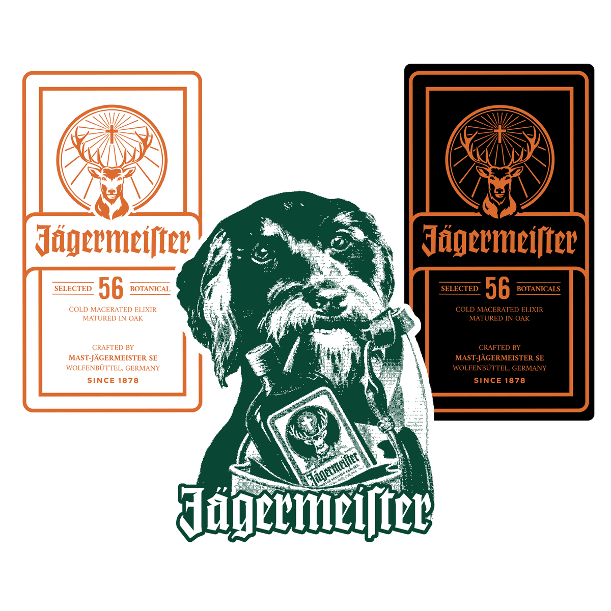 Etichetta Jägermeister in bianco e nero con logo arancione e logo con un cane che tiene una bottiglia Jägermeister su sfondo bianco
