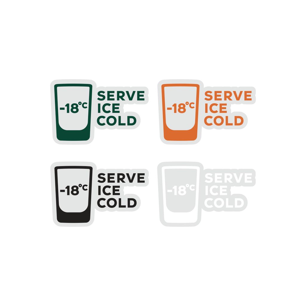 Set di etichette di temperatura 'Serve Ice Cold' con diverse combinazioni di colori su sfondo bianco.