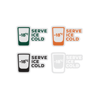 Set di etichette di temperatura 'Serve Ice Cold' con diverse combinazioni di colori su sfondo bianco.