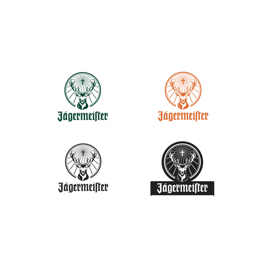 Quattro varianti del logo Jägermeister su sfondo bianco