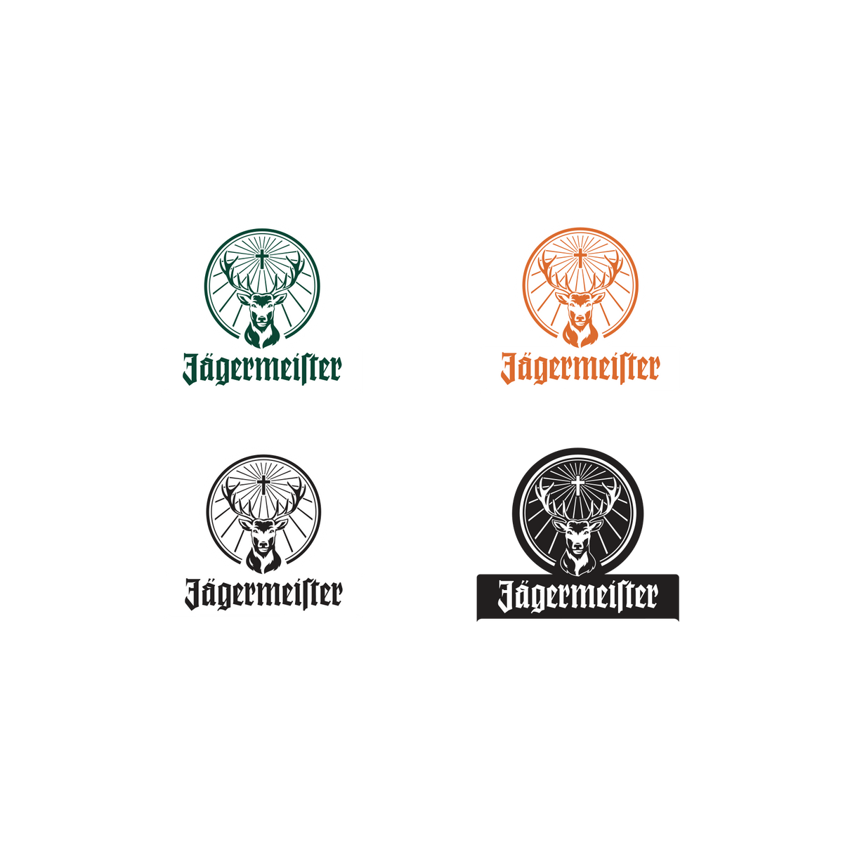 Quattro varianti del logo Jägermeister su sfondo bianco