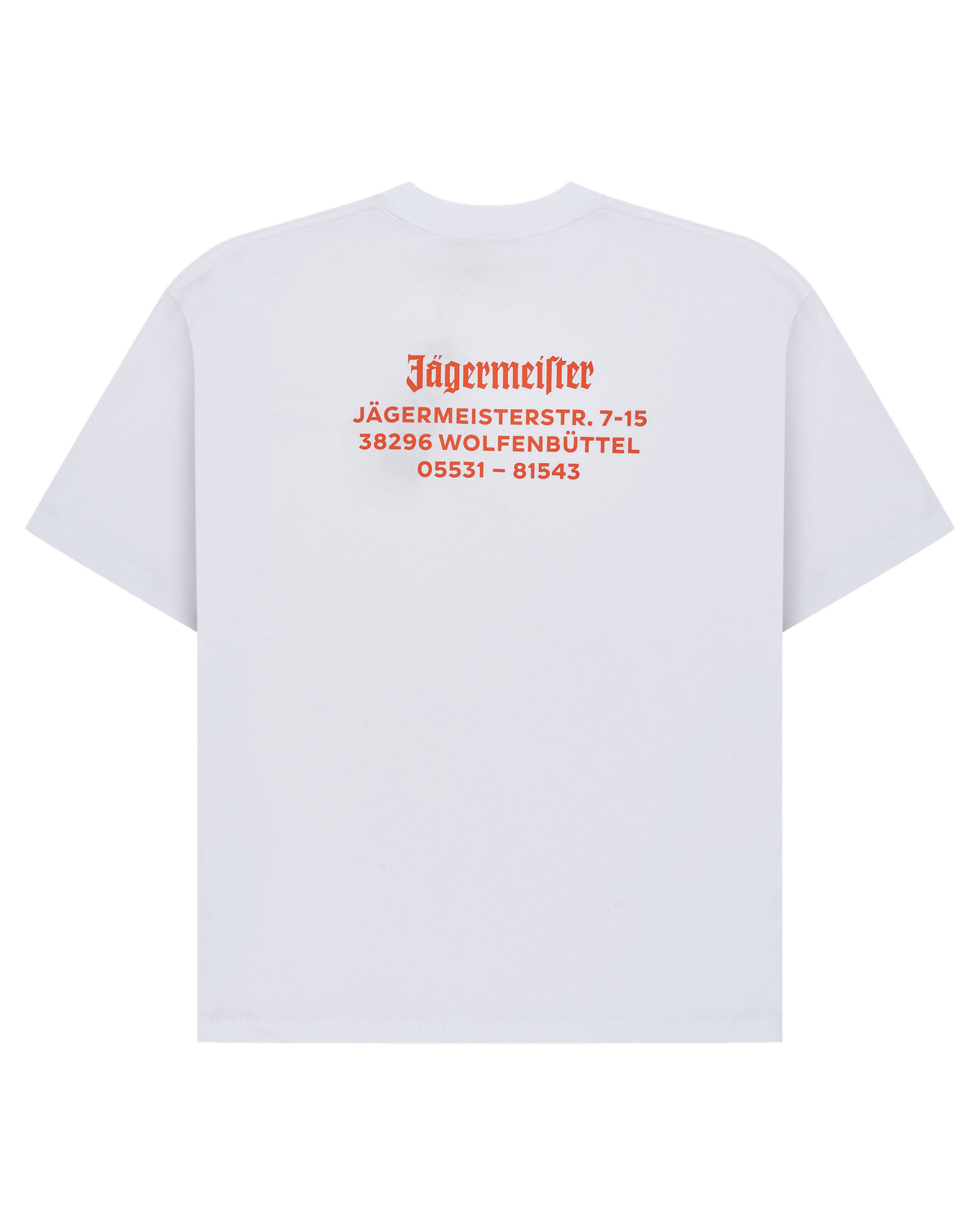 T-shirt bianca con indirizzo Jägermeister arancione sul retro.
