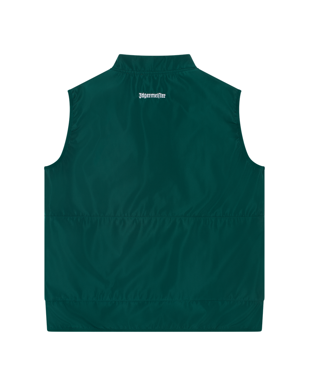 Gilet Jägermeister verde da dietro con wordmark Jägermeister bianco.
