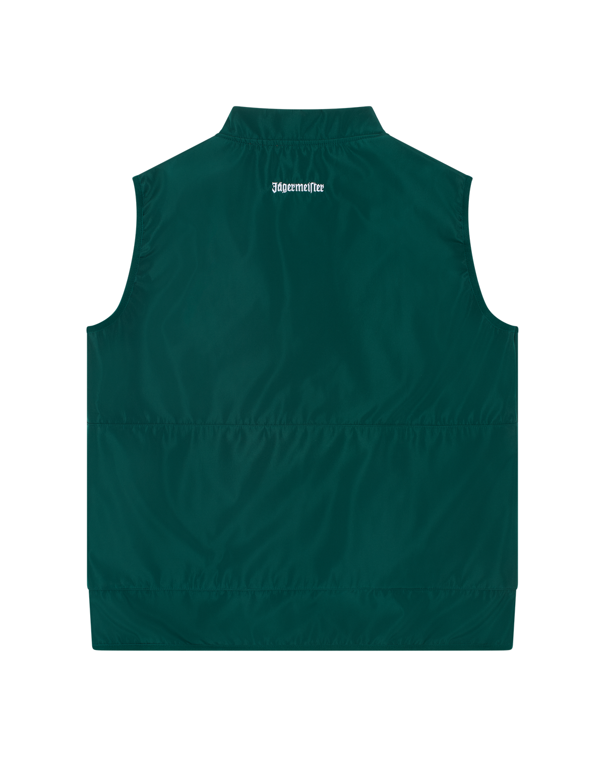 Gilet Jägermeister verde da dietro con wordmark Jägermeister bianco.