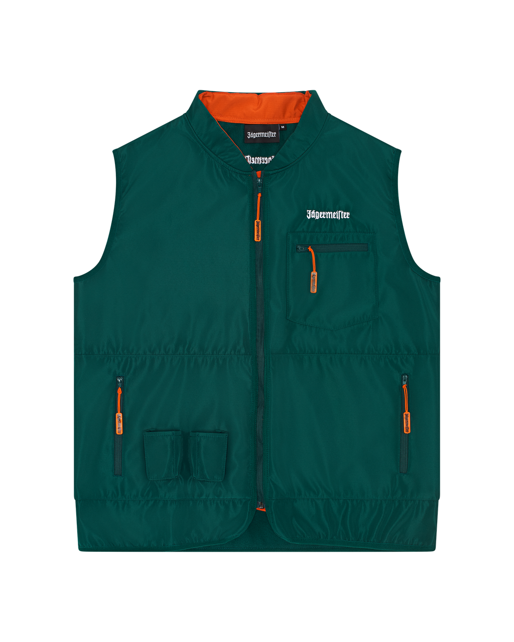 Gilet tattico Jägermeister verde con dettagli arancioni.