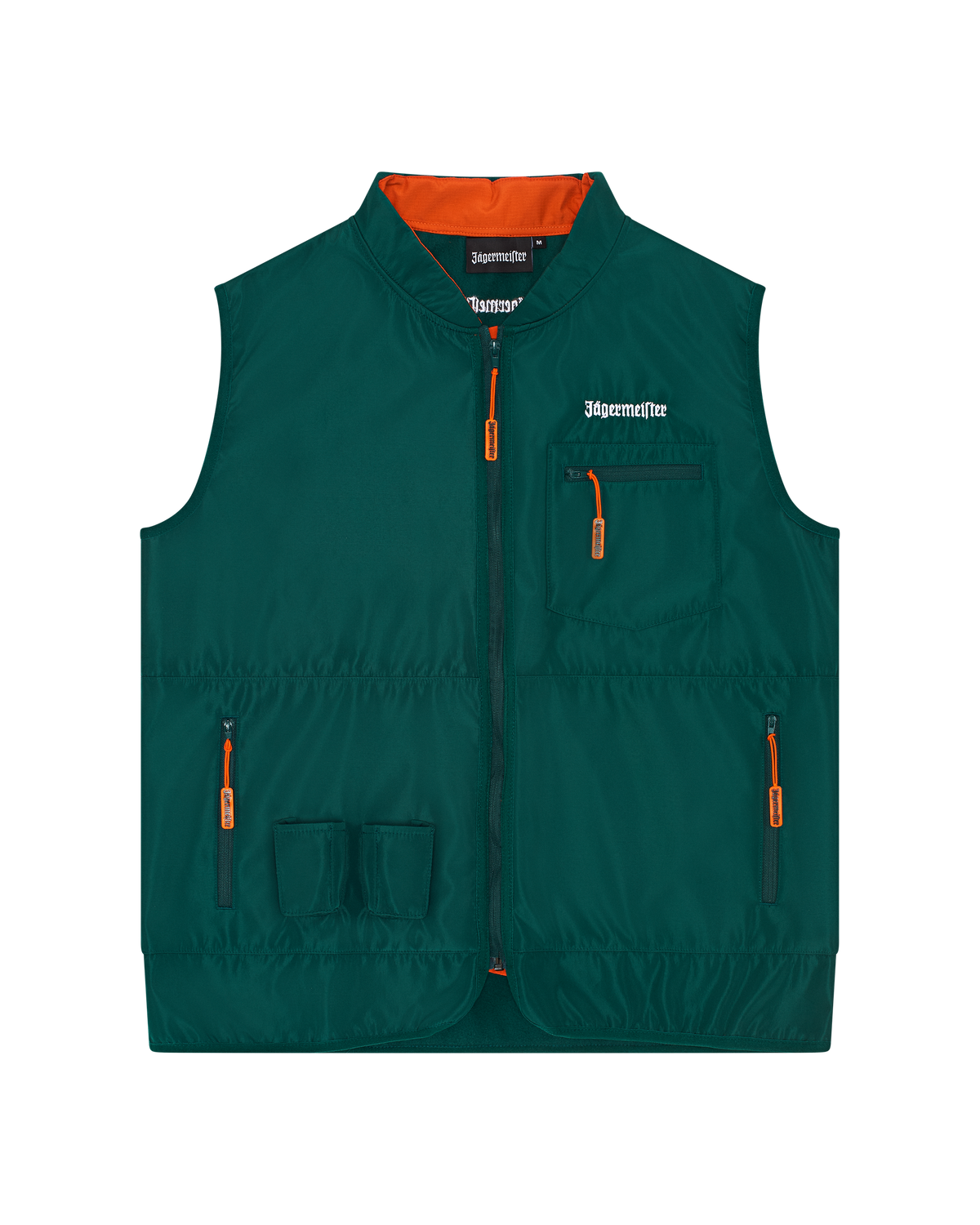 Gilet tattico Jägermeister verde con dettagli arancioni.