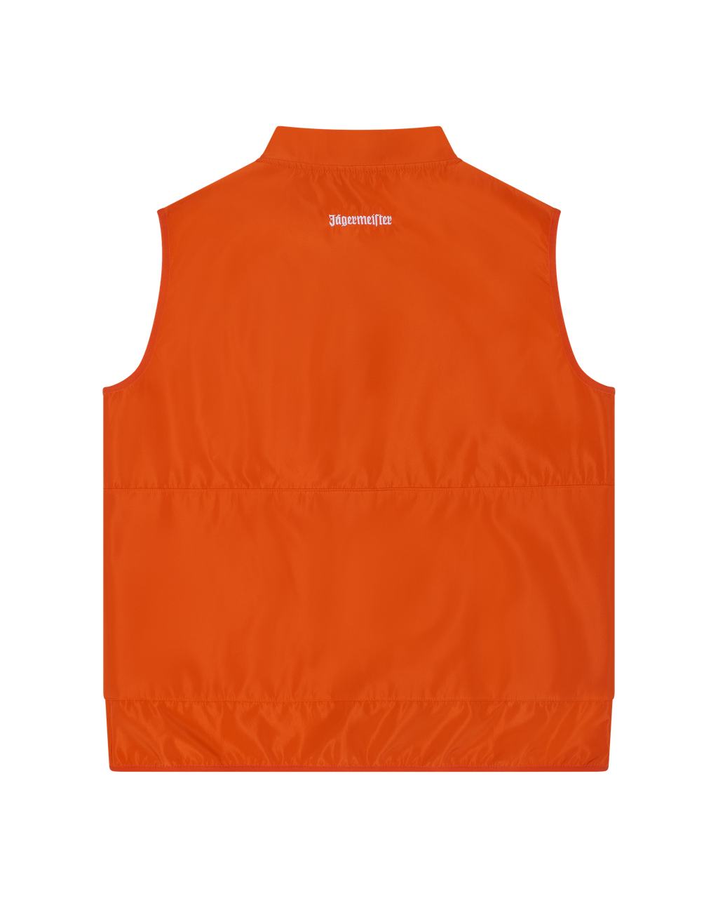 Gilet arancione con logo del marchio Jägermeister bianco sul retro