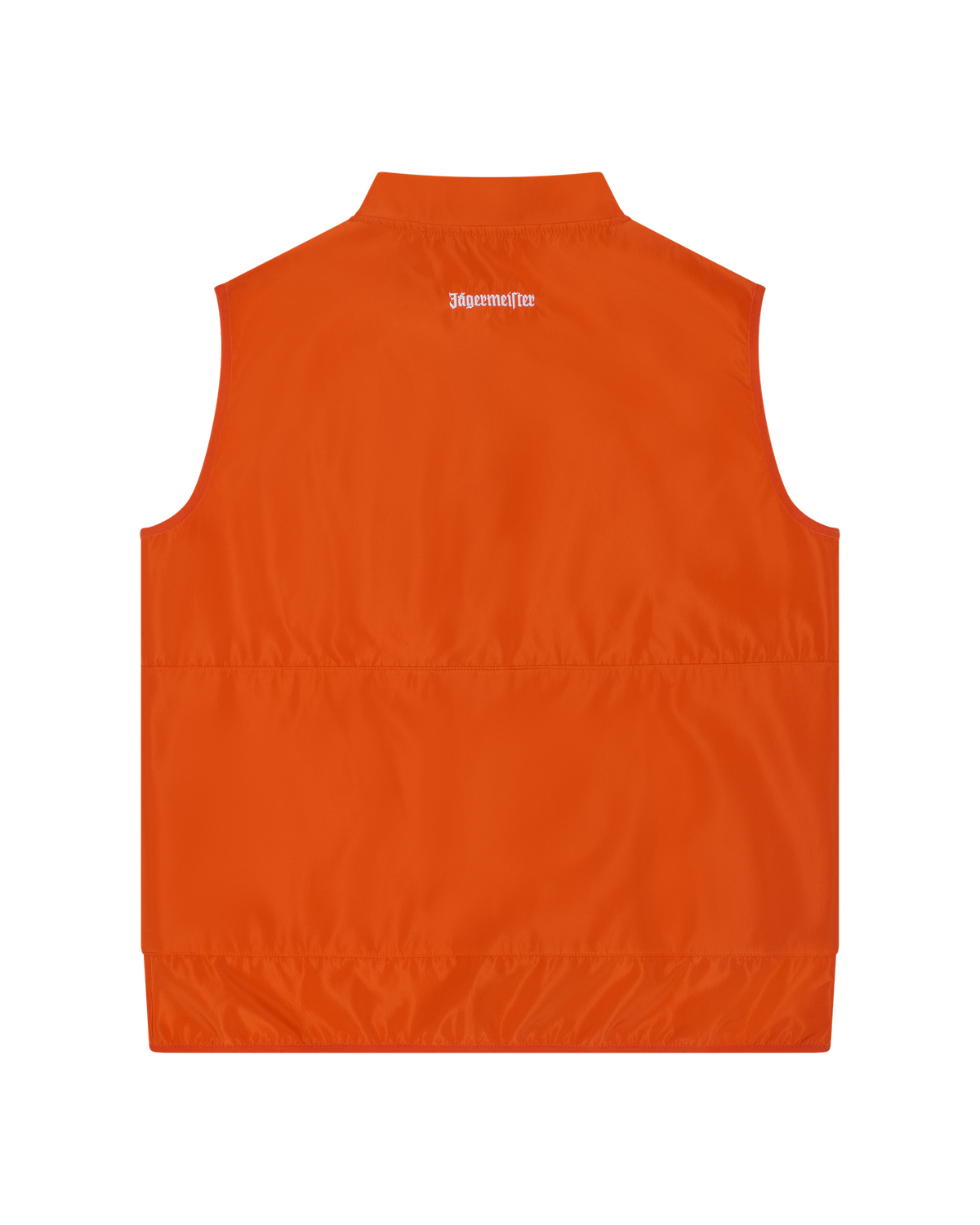 Gilet arancione con logo del marchio Jägermeister bianco sul retro