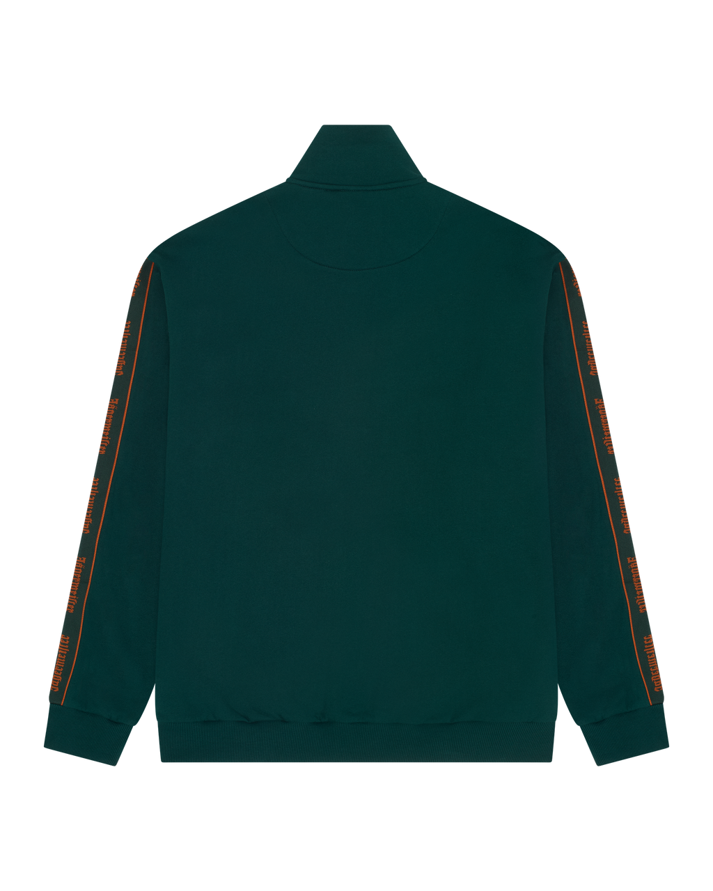 Giacca da tuta verde Jägermeister con strisce arancioni brandizzate sulle maniche.