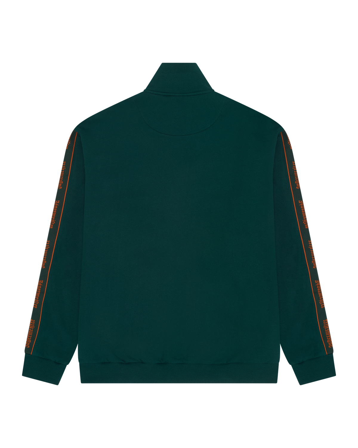 Giacca da tuta verde Jägermeister con strisce arancioni brandizzate sulle maniche.