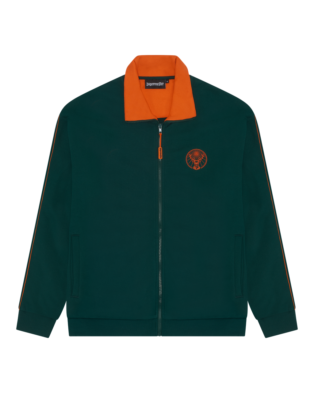 Giacca da tuta verde Jägermeister con colletto arancione e logo Jägermeister arancione sul petto.