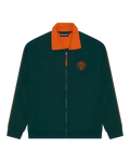 Giacca da tuta verde Jägermeister con colletto arancione e logo Jägermeister arancione sul petto.