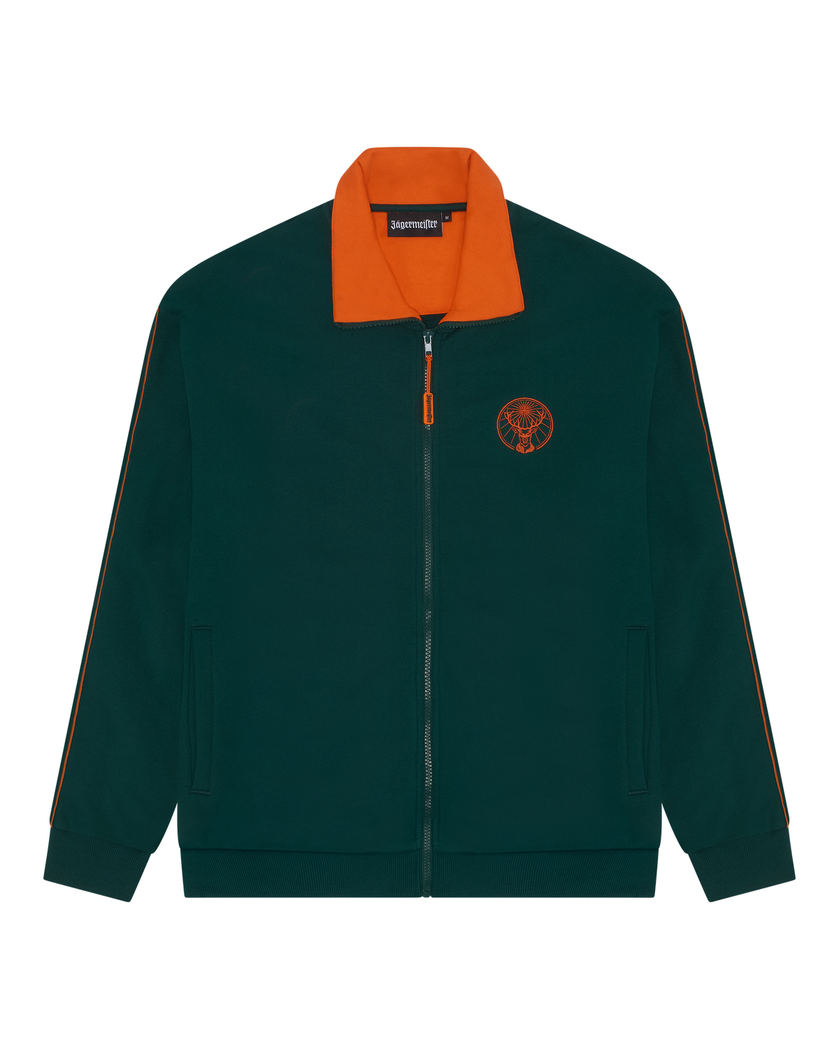 Giacca da tuta verde Jägermeister con colletto arancione e logo Jägermeister arancione sul petto.