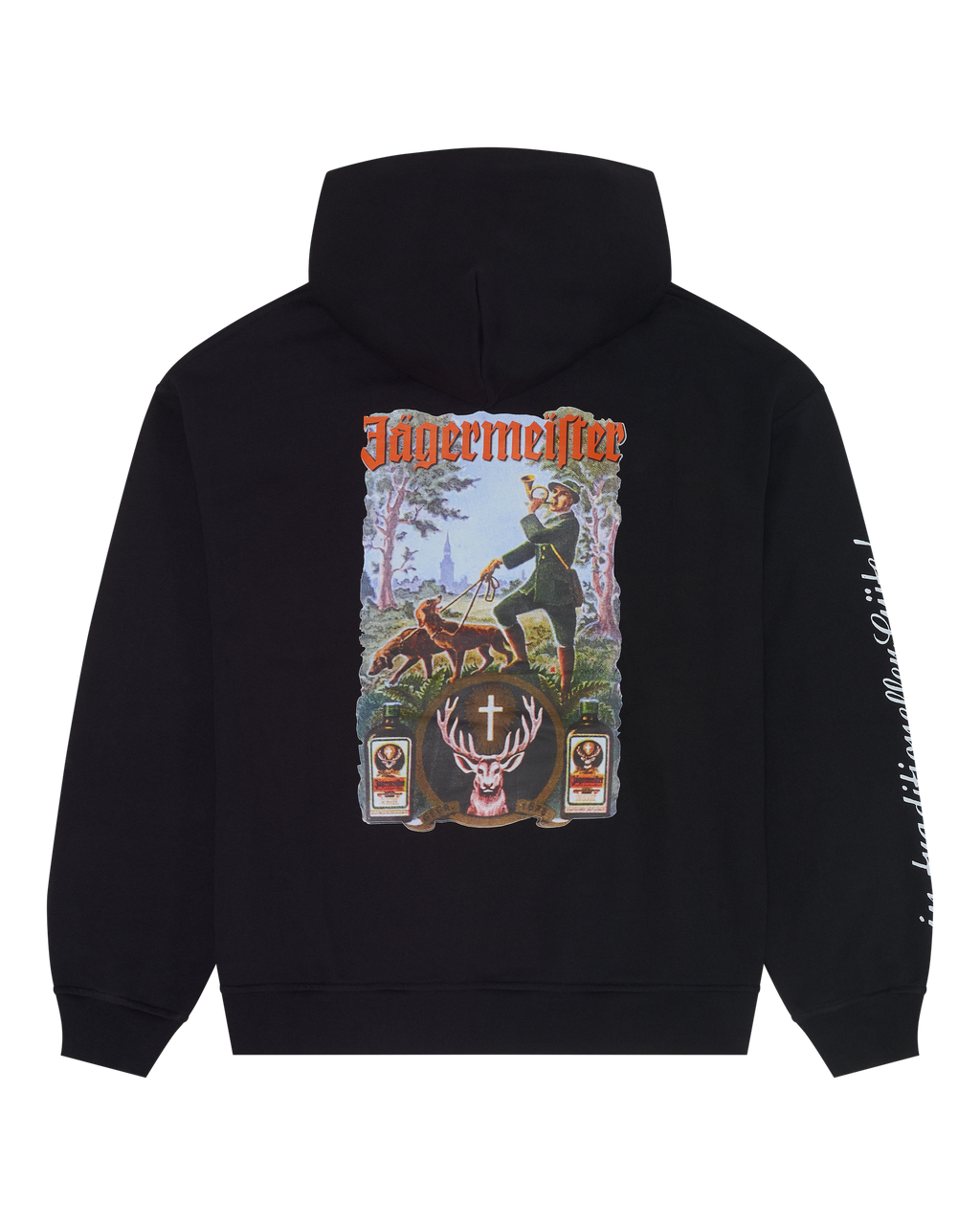Felpa con cappuccio nera con grafica Jägermeister Tradition sul retro