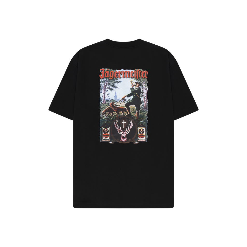 T-shirt nera con grafica tradizionale Jägermeister sul retro