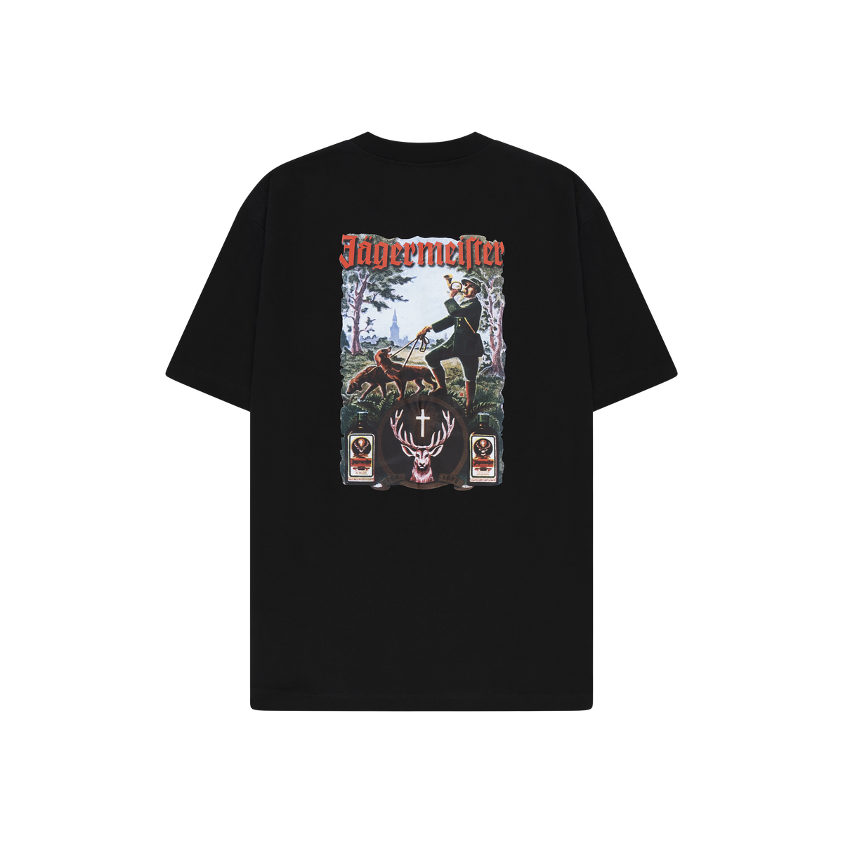 T-shirt nera con grafica tradizionale Jägermeister sul retro