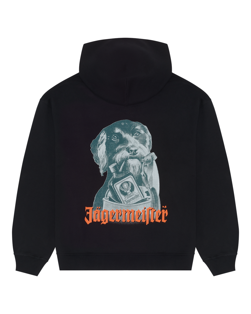 Felpa con cappuccio nera con grafica Jägermeister Waldi e wordmark Jägermeister sul retro