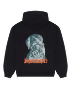Felpa con cappuccio nera con grafica Jägermeister Waldi e wordmark Jägermeister sul retro
