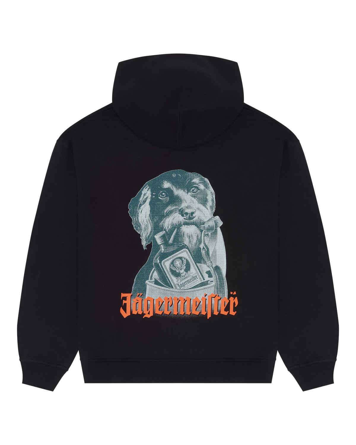 Black hoodie with Jägermeister Waldi graphic and Jägermeister wordmark on the back